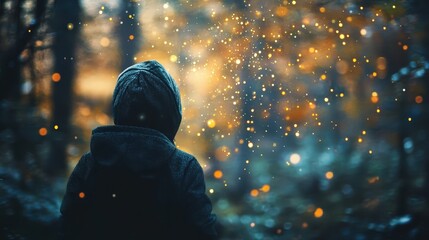 Child in a Hood Enjoys Magical Forest with Glowing Lights and Soft Snowfall