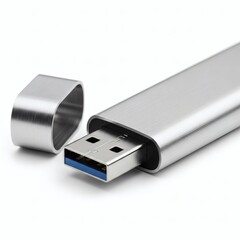 Close-up of a modern aluminum USB thumb drive with its cap off, showing the blue high-speed connector for digital data transfer