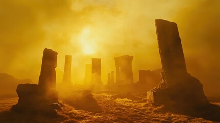 Mysterious Ancient Stones Against a Glowing Yellow Sky at Sunset
