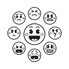 Black Vector Illustration of Cartoon Emotion Faces Displaying Diverse Expressions in Circular Arrangement. 