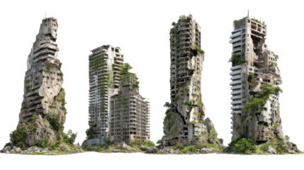 Set of Ruined Skyscrapers Isolated on transparent background Remove png, Clipping Path, pen tool