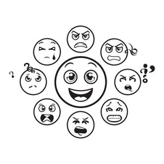 Black Vector Illustration of Cartoon Emotion Faces Displaying Diverse Expressions in Circular Arrangement. 