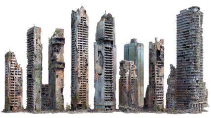 Set of Ruined Skyscrapers Isolated on transparent background Remove png, Clipping Path, pen tool