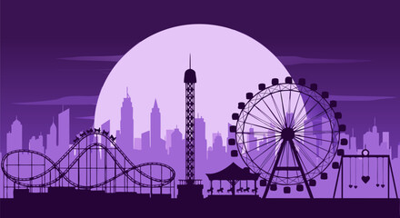 Captivating evening amusement park panorama with iconic rides, including Ferris wheel and roller coaster, silhouetted against a serene purple sky and glowing sun, an imaginative graphic design