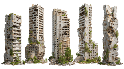 Set of Ruined Skyscrapers Isolated on transparent background Remove png, Clipping Path, pen tool