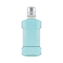 Bottle of blue mouthwash with silver cap