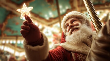 Naklejka premium Joyful Santa Claus holding a Glowing Star on Carousel, Celebrating Christmas Season