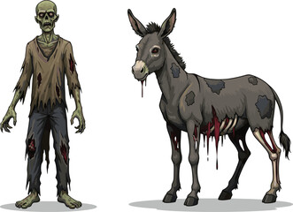 PrintCreepy zombie man and undead donkey standing together, horror illustration concept, Halloween scary character design, spooky fantasy undead creatures artwork