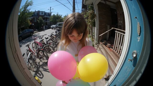 Girl holding balloons outside seen through a door peephole, representing childhood curiosity, innocence and warm human connection concept