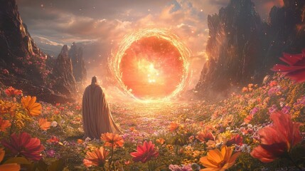 A mystical figure stands in a vibrant field, gazing at a giant sun amidst beautiful flowers and majestic mountains.