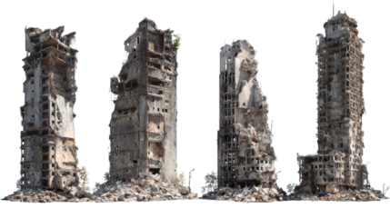 Set of Ruined Skyscrapers Isolated on transparent background Remove png, Clipping Path, pen tool