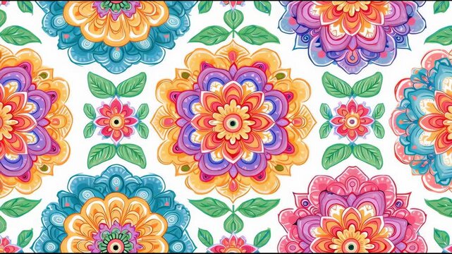 Bright and colorful cartoon mandala pattern with playful geometric shapes and soft outlines, seamless vector background on white.