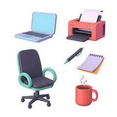 Qulityful 3d office essentials icon set laptop, chair, printer, and more for productivity