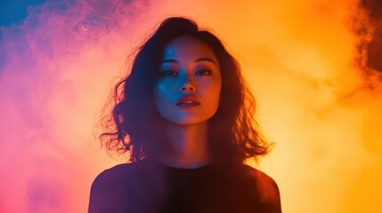 A woman stands against a vibrant, colorful smoke background, showcasing beauty and confidence in an artistic ambiance.