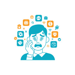 Stressed man overwhelmed by social media notifications feels anxious and pressured in modern digital age, depicting information overload and mental health challenges.