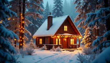 Cozy wooden cabin with glowing lights nestled in snowy forest. Snow-covered trees, wreath, and festive decor evoke Christmas and New Year warmth. Seasonal greetings.