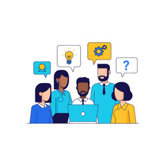 Diverse team collaborating on laptop in modern office, brainstorming ideas with speech bubbles, showcasing teamwork and innovation.