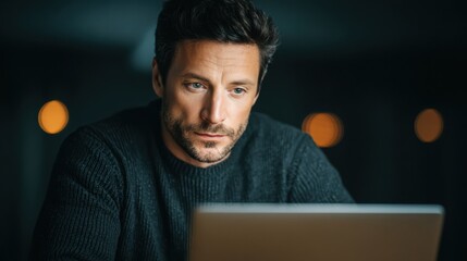Man focused at laptop with concerned expression in low light, cinematic portrait with bokeh background and warm highlights