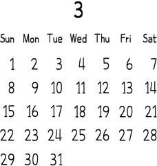 Obraz premium 2026 Monthly Calendar Template (Black)-March 