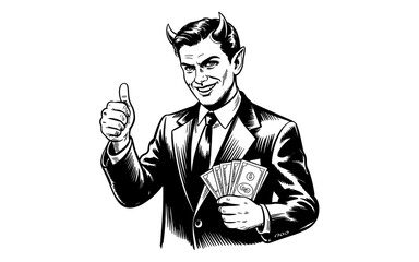 a man in a suit with devil horns, holding cash and giving a thumbs up, symbolizing greed and corruption.