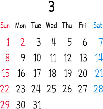 2026년 월별 달력 양식-3월