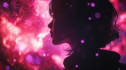 A silhouette of a young woman against a vibrant galaxy background filled with stars and colorful lights, creating a dreamy atmosphere.