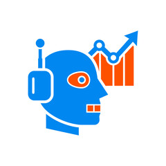 Blue robot head analyzes rising bar graph indicating positive trends in business intelligence and automation, showcasing technological advancement and growth.