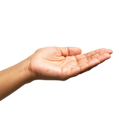 A close-up of a human hand, palm up, angled slightly, with a natural skin tone, isolated