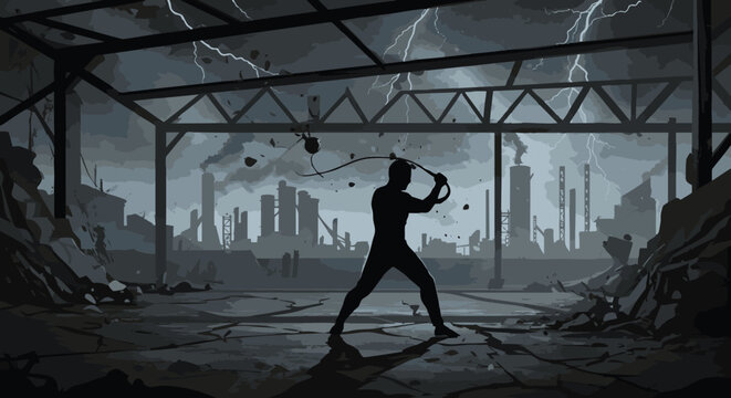 Silhouette Figure Cracking Whip in Industrial Apocalypse Setting