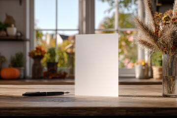 Elegant Blank Card Mockup on Rustic Wooden Table with Autumnal Background for Personalized Greetings