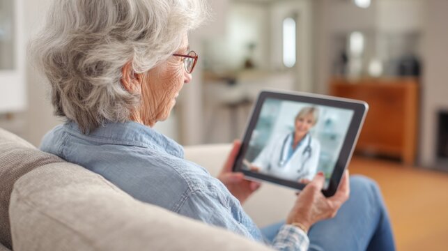Senior Woman Engages in Telehealth Consultation with Doctor on Tablet Device for Healthcare Support - Powered by Adobe