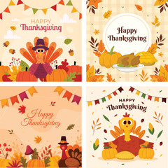 Fototapeta premium Thanksgiving Cartoon Greeting Card Set