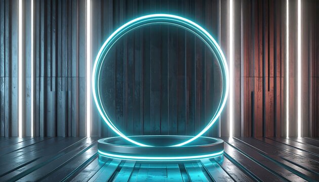 Glowing teal ring atop a pedestal, flanked by vertical lights, against a textured metal backdrop