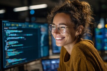 A cheerful young woman with curly hair works on coding tasks in a contemporary office environment. The dark space is illuminated by glowing computer screens displaying code