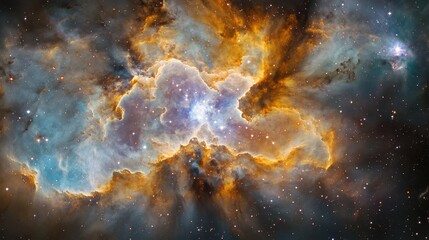 A stunning view of a colorful cosmic nebula in the vast universe, filled with vibrant stars and swirling gases creating awe-inspiring beauty.