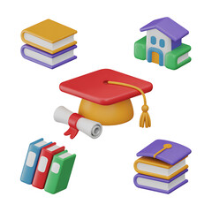 Education 3D Icon Set – Graduation Cap, Diploma, Books, University