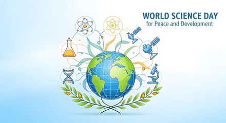 World science day for peace and development with globe and scientific icons, celebrating innovation and global progress
