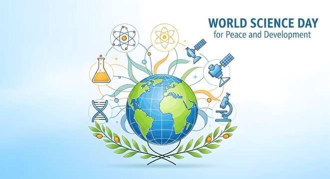 World science day for peace and development with globe and scientific icons, celebrating innovation and global progress