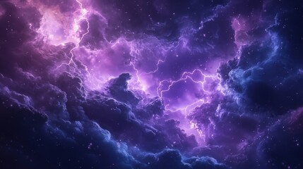 Stunning purple and blue cosmic clouds with electric lightning bursts in a starry night sky, creating a vibrant and mystical atmosphere.