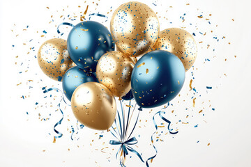 Holiday background with golden and blue metallic balloons, confetti and ribbons. Festive card for birthday party, anniversary, new year, christmas or other events. Created with generative Ai