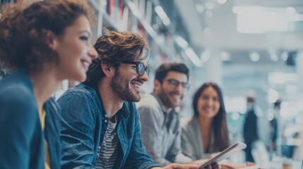 Smiling colleagues enjoying break time together: diverse office team with modern and collaborative workspace