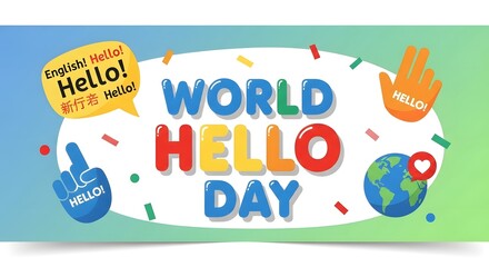 World hello day banner with colorful letters, speech bubbles saying hello, foam fingers, confetti, and a globe with a heart icon