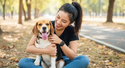 Happy young asian woman sitting on the ground in a park hugging her cute beagle dog with a smile