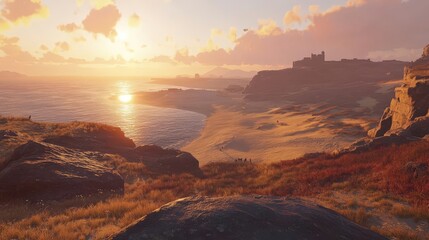 Breathtaking sunset view over the ocean and sandy beach. A tranquil scene with soft clouds, rocky cliffs, and warm golden light.