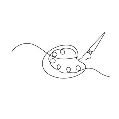 Paint palette art brush continuous one line drawing and minimalist style isolate outline vector illustration