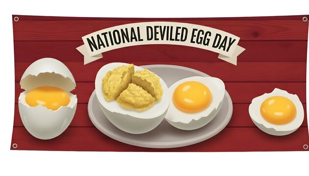 National deviled egg day banner featuring a variety of deviled eggs, showcasing their creamy yolk filling and appetizing presentation