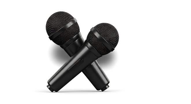 Two black microphones crossed on a white background, perfect for podcasting or karaoke. - Powered by Adobe