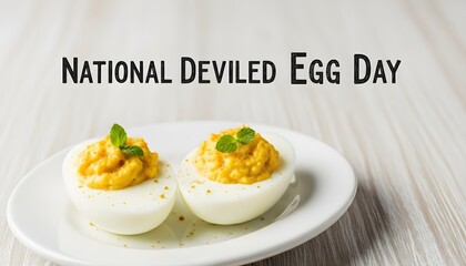 National deviled egg day celebration with two delicious deviled eggs garnished with fresh mint leaves on a white plate