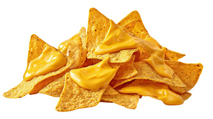 Crunchy nachos with creamy melted cheese sauce, delicious Mexican snack topped with golden cheese and served on white background