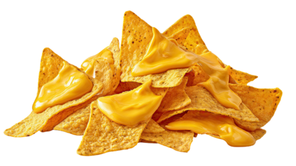 Crunchy nachos with creamy melted cheese sauce, delicious Mexican snack topped with golden cheese and served on white background